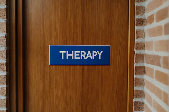 A wooden door with a blue sign that reads "THERAPY" in white letters next to a brick wall, suggesting a space for mental health support and emotional wellness.