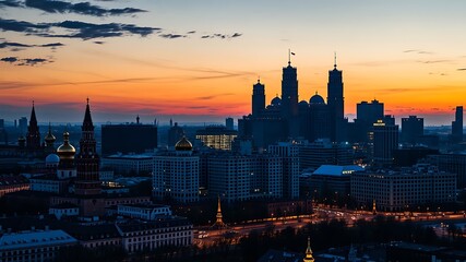 Obraz premium Photo of the moscow skyline glows with warm light at sunset, showcasing historic domes and modern towers