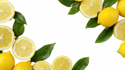 Citrus Fresh Lemon whole and Slices with leaf  Border on transparent background