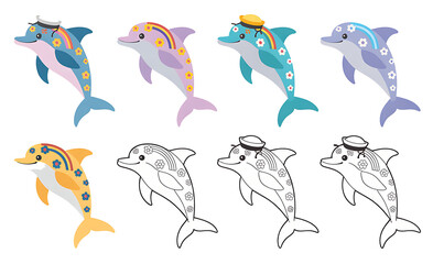 Obraz premium Cute Cartoon Dolphin Vector Set – Floral and Outlined Dolphins with Hats in Color and Black & White for Kids Design