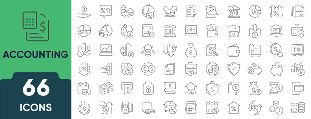 Accounting Line Icon Set. Set of 66 outline icons including calculator, invoice, ledger, tax, budget, balance sheet, and financial report. Editable stroke. Linear vector illustration.