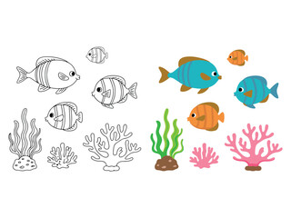 Underwater Fish and Coral Vector Set, Color and Outline Ocean Animals for Kids Activity and Education.