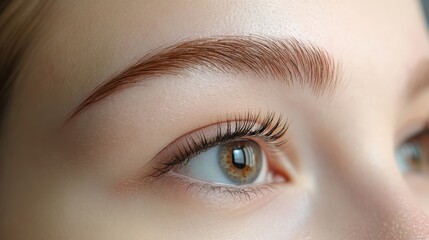 Close-up of a woman's eyes with well-defined eyebrows, full lashes, and smooth skin, highlighting meticulous grooming. Concept of beauty, eyebrow shaping kit, grooming and natural brow look.