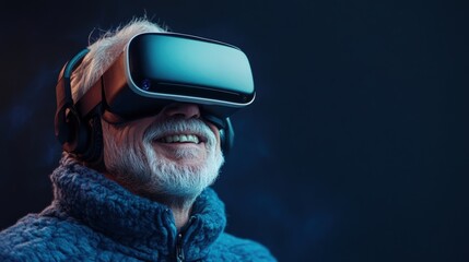 Excited mature senior man wearing using virtual reality metaverse VR glasses headset at home. Grandfather touching air during VR experience on virtual reality helmet. Simulation hi-tech videogame