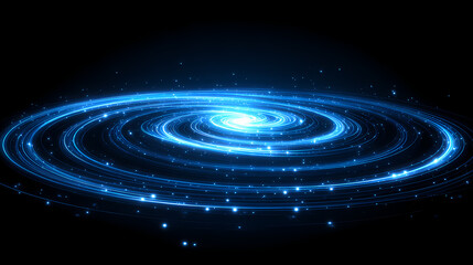Obraz premium Glowing blue light trails form concentric ellipses on dark background. dynamic orbit. Illustration
