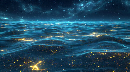 Nightly ocean with luminous particles.  Golden lights shimmer on a dark blue water surface under a starry sky