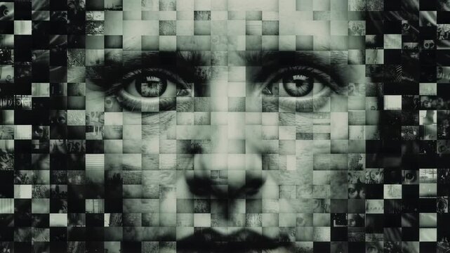 Digital face emerging from pixelated background. Man's features dissolving into abstract squares. Artificial intelligence, data privacy, and identity concept in monochrome video