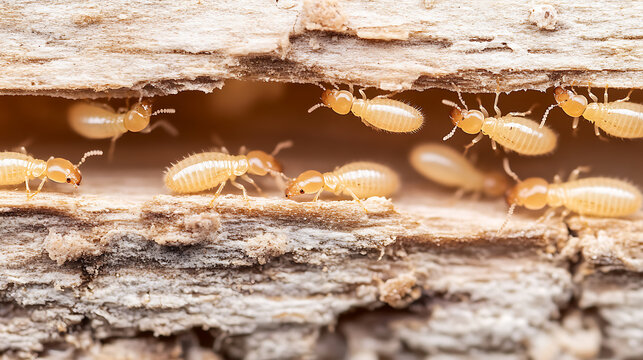 Termites feeding on wood in close up, macro view reveals small, soft-bodied insects consuming the structure, highlighting pest control and structural damage.