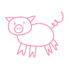 Cute pig character. Happy smiling piglet in funny doodle kids style. Kawaii simple piglet, farm animal.