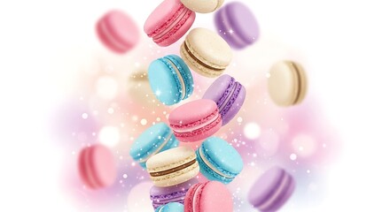 Obraz premium Illustration of colorful macarons falling with sparkling bokeh lights