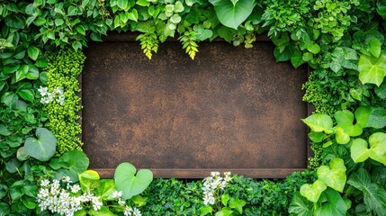 A stunning vertical garden design featuring a lush array of green foliage surrounding a blank wooden sign, perfect for branding, personalized messages, or garden decor inspirations.