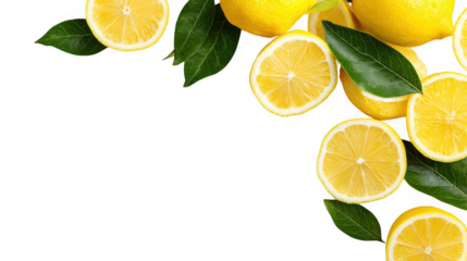 Citrus Fresh Lemon whole and Slices with leaf  Border on transparent background