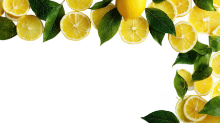 Citrus Fresh Lemon whole and Slices with leaf  Border on transparent background