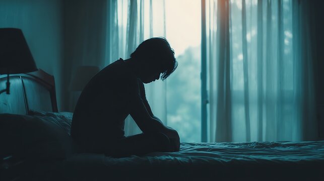 Silhouette depressed man sadly sitting on the bed in the bedroom. Sad asian man suffering depression insomnia awake and sit alone on the bed in bedroom. Depression health people .