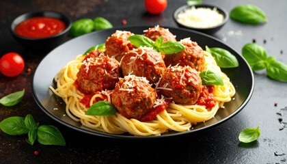 Spaghetti and meatballs dish, colorful