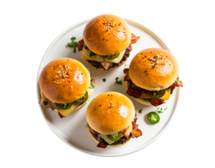 Mini burger sliders on white plate with transparent background