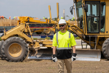 Supervisor worker wear uniform. Top supervisor at work. Labor day. Building side outdoor. Man at...