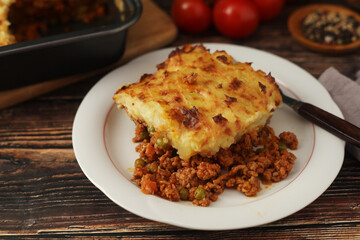 A shepherd's pie, freshly backed and ready to be served. Traditional English dish	