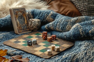 Cozy Indoor Scene with Board Game and Dice on Soft Blanket with Tarot Card and Pottery