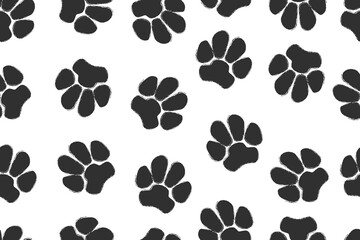 Paw pet seamless pattern, dog or cat foot print texture, animal background, grunge stamp repeat.
