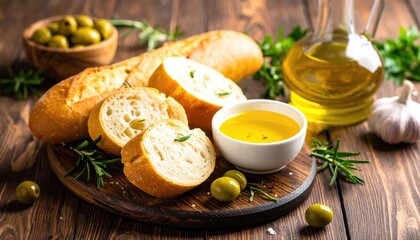 Fresh baguette slices with olives and herbs