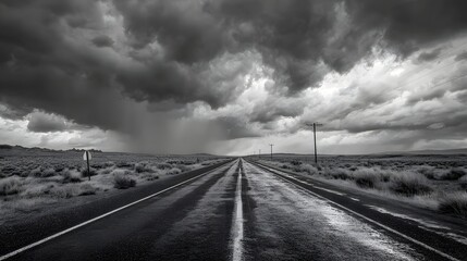 Monochrome Stormy Road: Moody Landscape with Dark Clouds and Rain