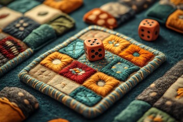 Colorful Quilted Board Game with Dice on Textile Surface for Family Entertainment