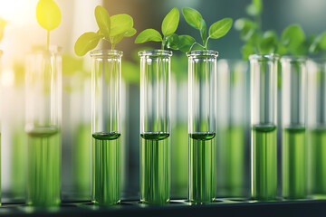 Plant science: Seedlings grow in test tubes, showing potential for research and sustainable solutions in an innovative green environment.