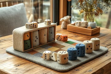 Colorful Felt Dice and Storage Box on Wooden Table Near Window in Cozy Home Setting