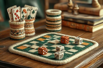 Cozy Vintage Board Game Setup with Poker Cards and Dice on Wooden Table