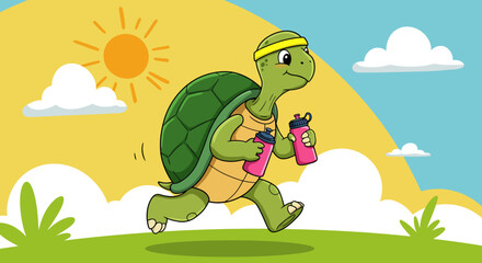 Obraz premium An energetic cartoon tortoise with a headband and water bottles is happily jogging through a sunny field with green grass under a bright blue sky