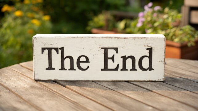 Wooden sign reading The End, rustic charm with nature backdrop, perfect for storytelling, themes of closure and reflection.