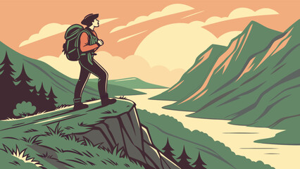 Hiker on mountain top enjoying scenic view of mountain range landscape outdoor adventure and travel concept