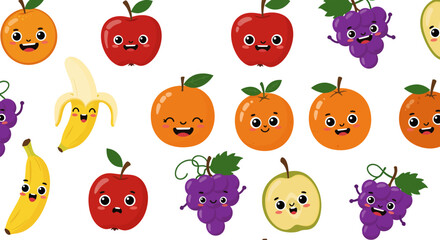 A Vibrant Collection of Adorable Cartoon Fruits Including Oranges Apples Bananas And Grapes Displayed In A Pattern