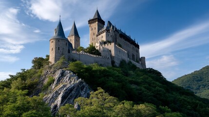 Majestic medieval castle perched atop a rocky hill, surrounded by lush greenery under a partly cloudy sky