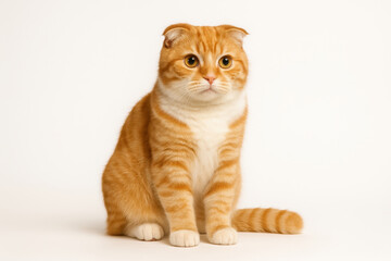 Obraz premium A cat with orange fur and white paws is sitting on a white background. The cat has a curious expression on its face, and its ears are slightly raised. Concept of calm and relaxation