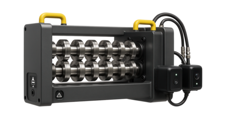 Roll forming machine with integrated quality control cameras for real-time inspection in a precision metal parts factory