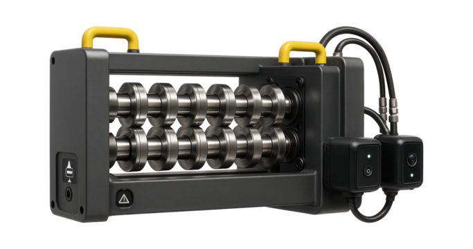 Roll forming machine with integrated quality control cameras for real-time inspection in a precision metal parts factory