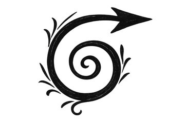 Vintage-style hand-drawn spiral arrow adorned with delicate floral elements, pointing rightward and enhancing graphic compositions with ornate charm