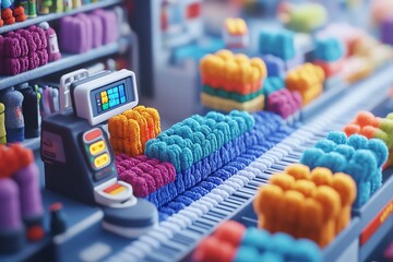 Colorful Plush Toy Blocks on Conveyor Belt with Electronic Price Scanner in Toy Store