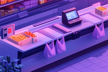 Modern Supermarket Checkout Counter with Digital Scanner and Shopping Bags in Vibrant Purple Lighting