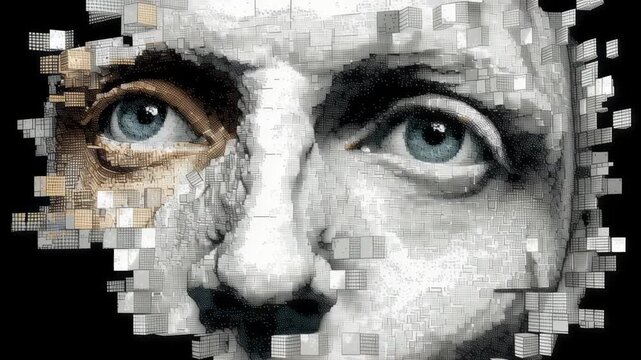 Fragmented male face with intense blue eyes emerging from pixelated background. Digital identity concept. Cyber security and facial recognition technology video