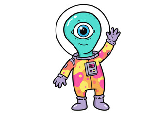 A Friendly One Eyed Alien Wearing a Colorful Spacesuit with Retro Patterns Waves Hello