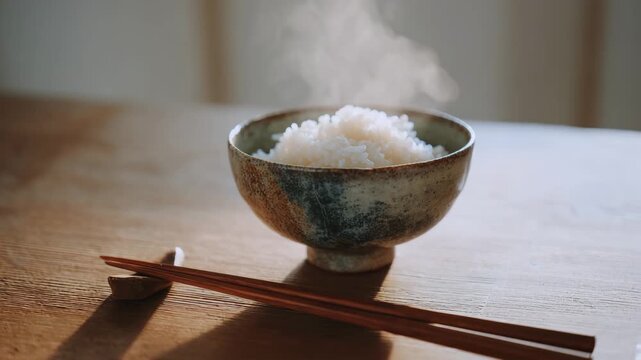bowl of rice with chopstick on table