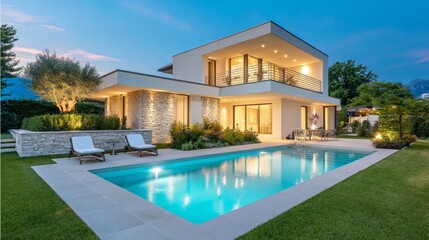 Fototapeta premium Luxury villa with pool, modern architecture, vibrant evening lighting, ideal for relaxation and serene outdoor gatherings.