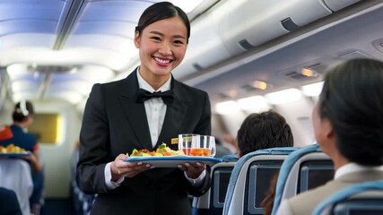 Flight Attendant Serving Meal to Passengers on Airplane