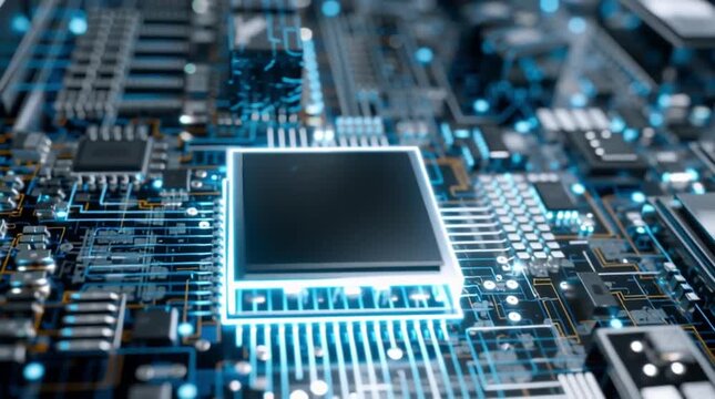 Quantum sensor technology navigation. A glowing microchip sits at the center of a complex electronic circuit board, surrounded by various computer components.