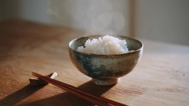 bowl of rice with chopstick on table