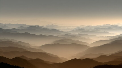Fototapeta premium Majestic mountain range viewed at dusk under a hazy sky with layers of mist creating a serene atmosphere