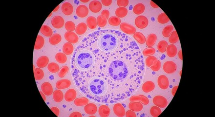 Microscopic view of a blood smear showing numerous red blood cells surrounding a larger white blood cell with multi-lobed nucleus, stained in shades of pink and purple